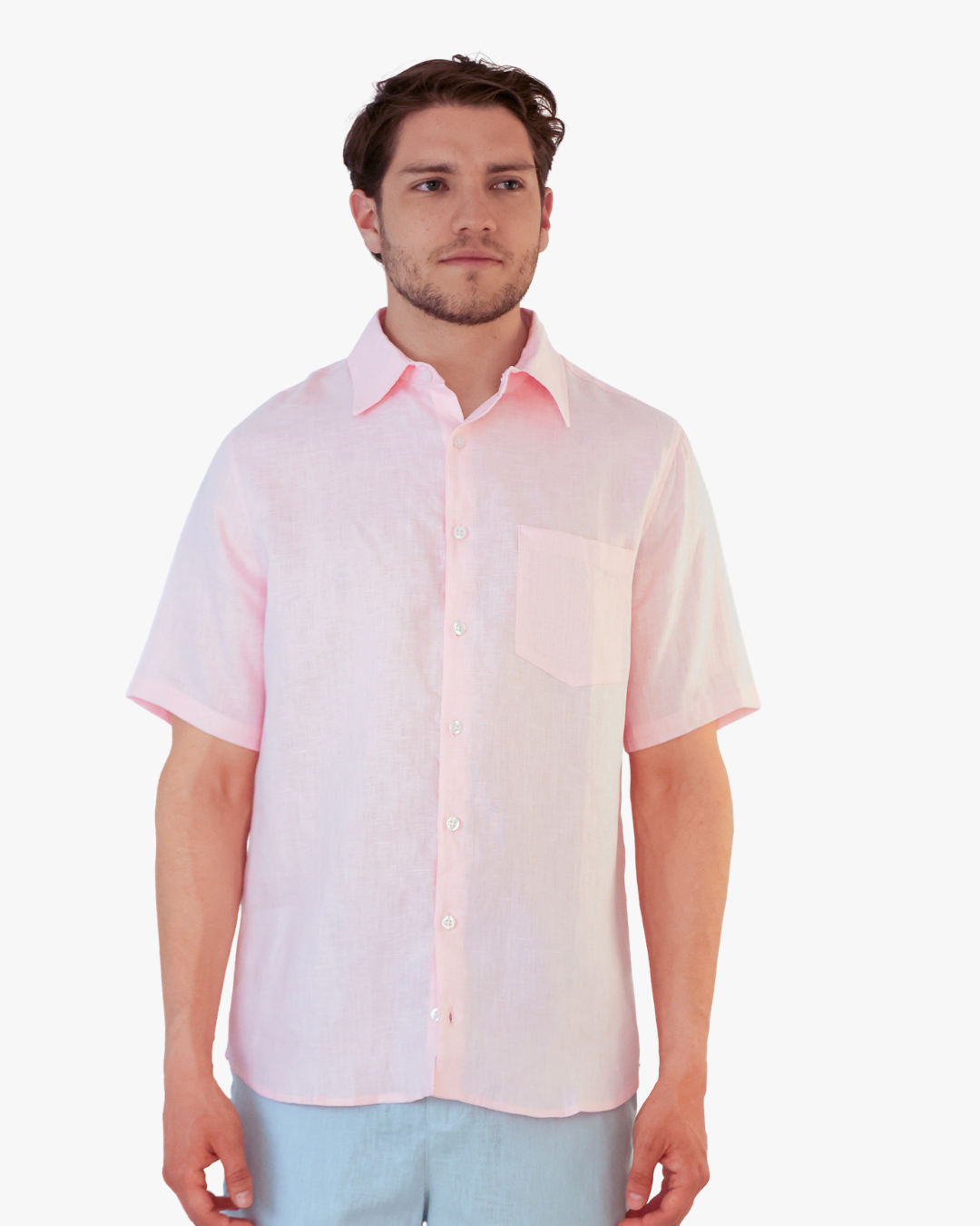 Camisa 100% Lino Premium Manga Corta Rosado