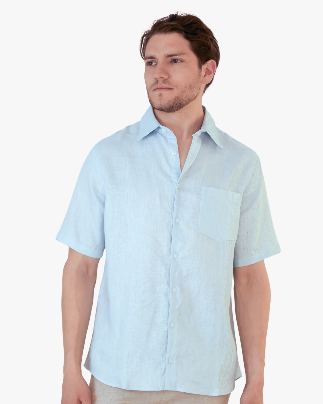 Camisa 100% Lino Premium Manga Corta Azul Claro