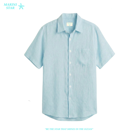 Camisa Lino Premium Manga Corta Azul Claro