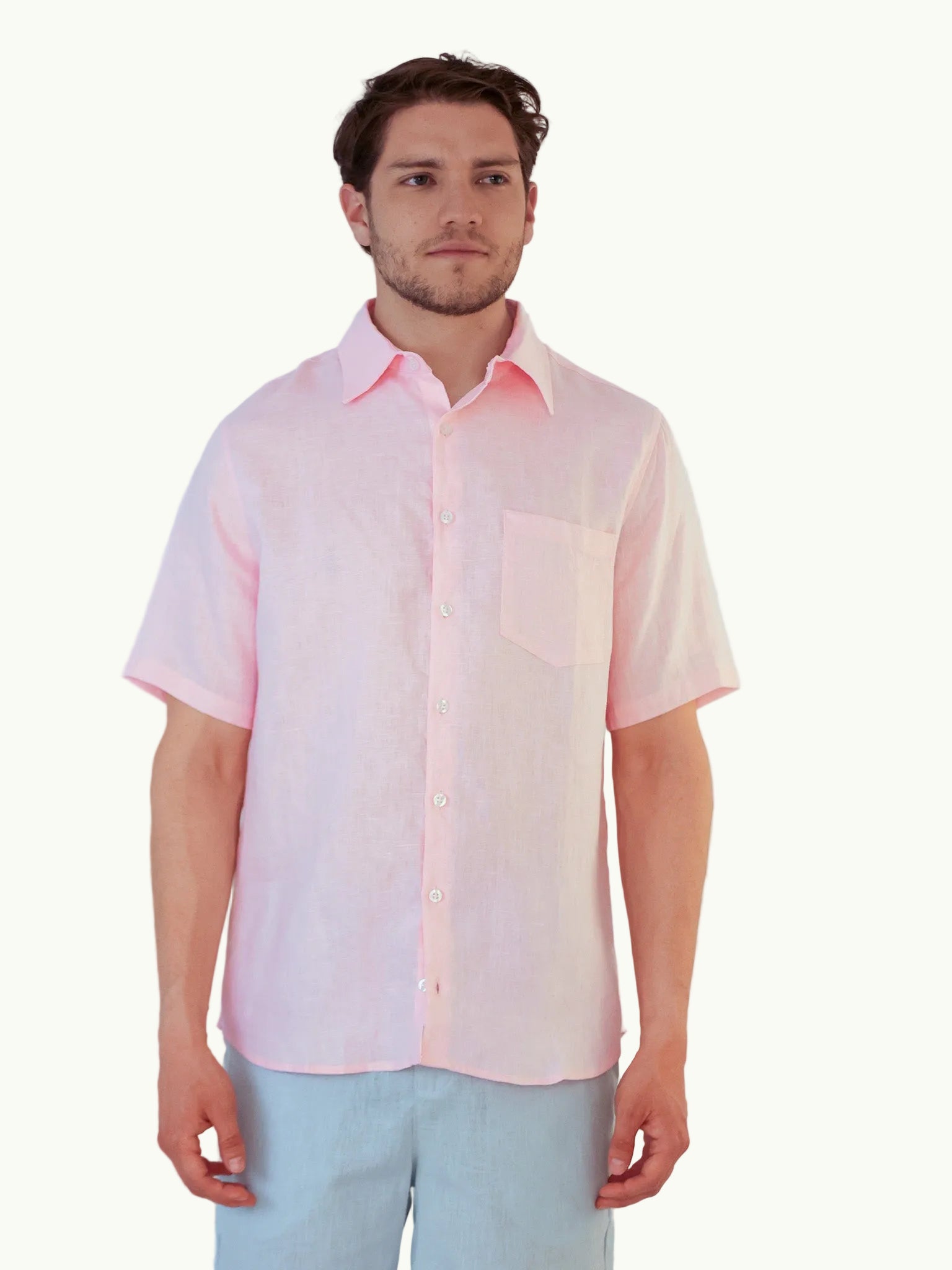 Camisa Lino Premium Manga Corta Rosado