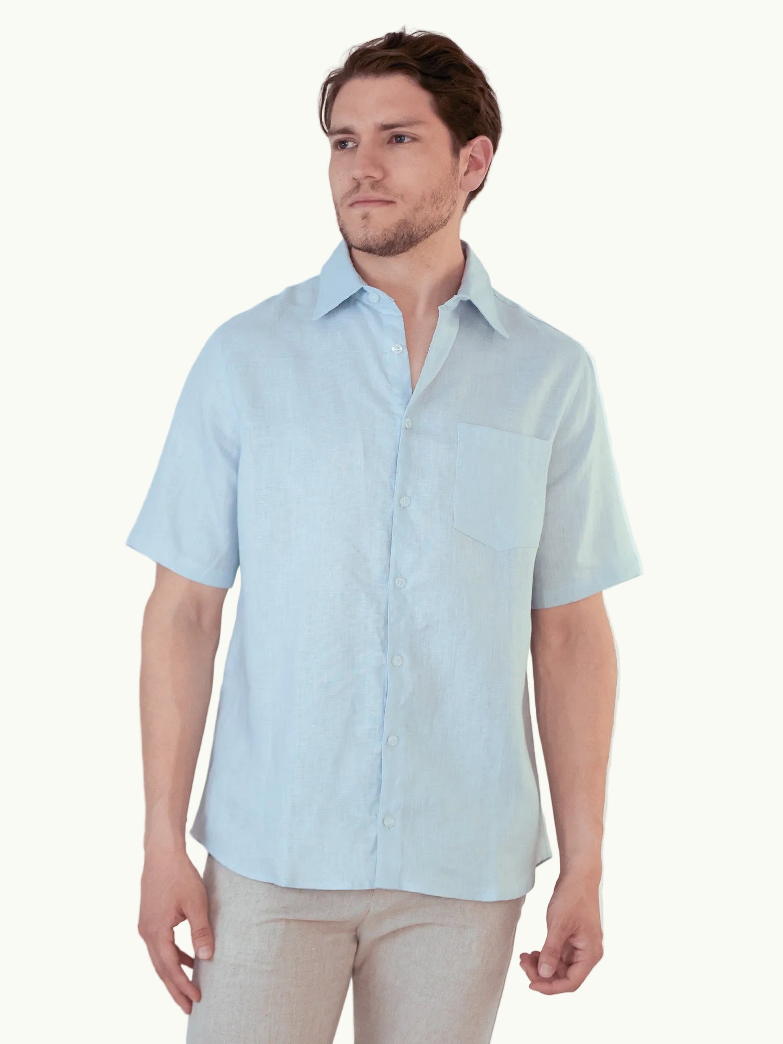 Camisa Lino Premium Manga Corta Azul Claro