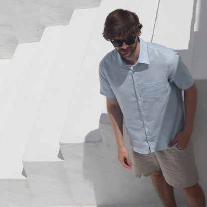 Camisa Lino Premium Manga Corta Azul Claro