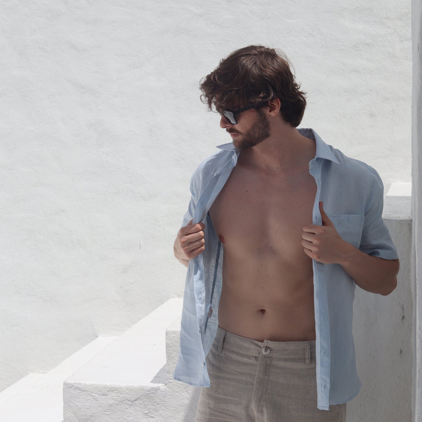 Camisa Lino Premium Manga Corta Azul Claro