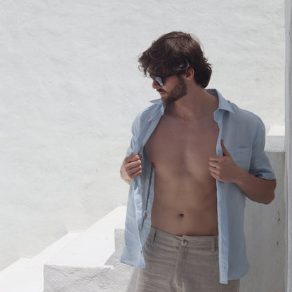 Camisa Lino Premium Manga Corta Azul Claro