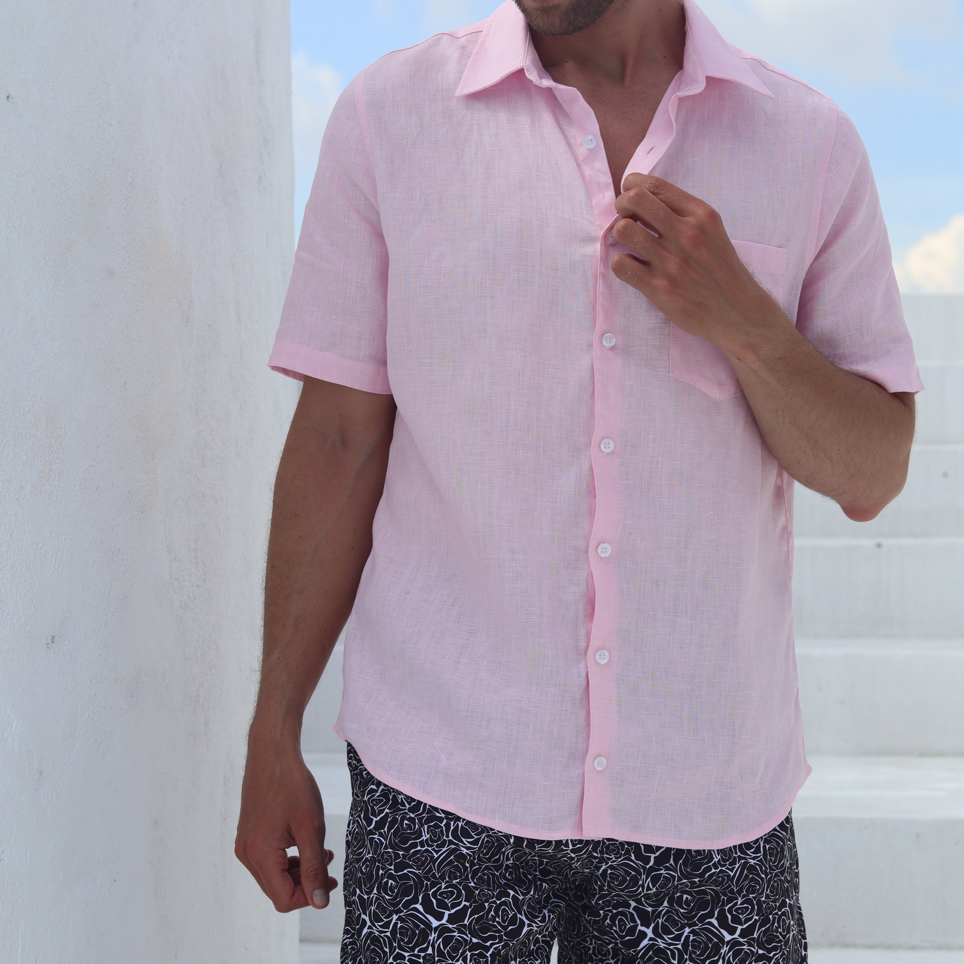 Camisa Lino Premium Manga Corta Rosado
