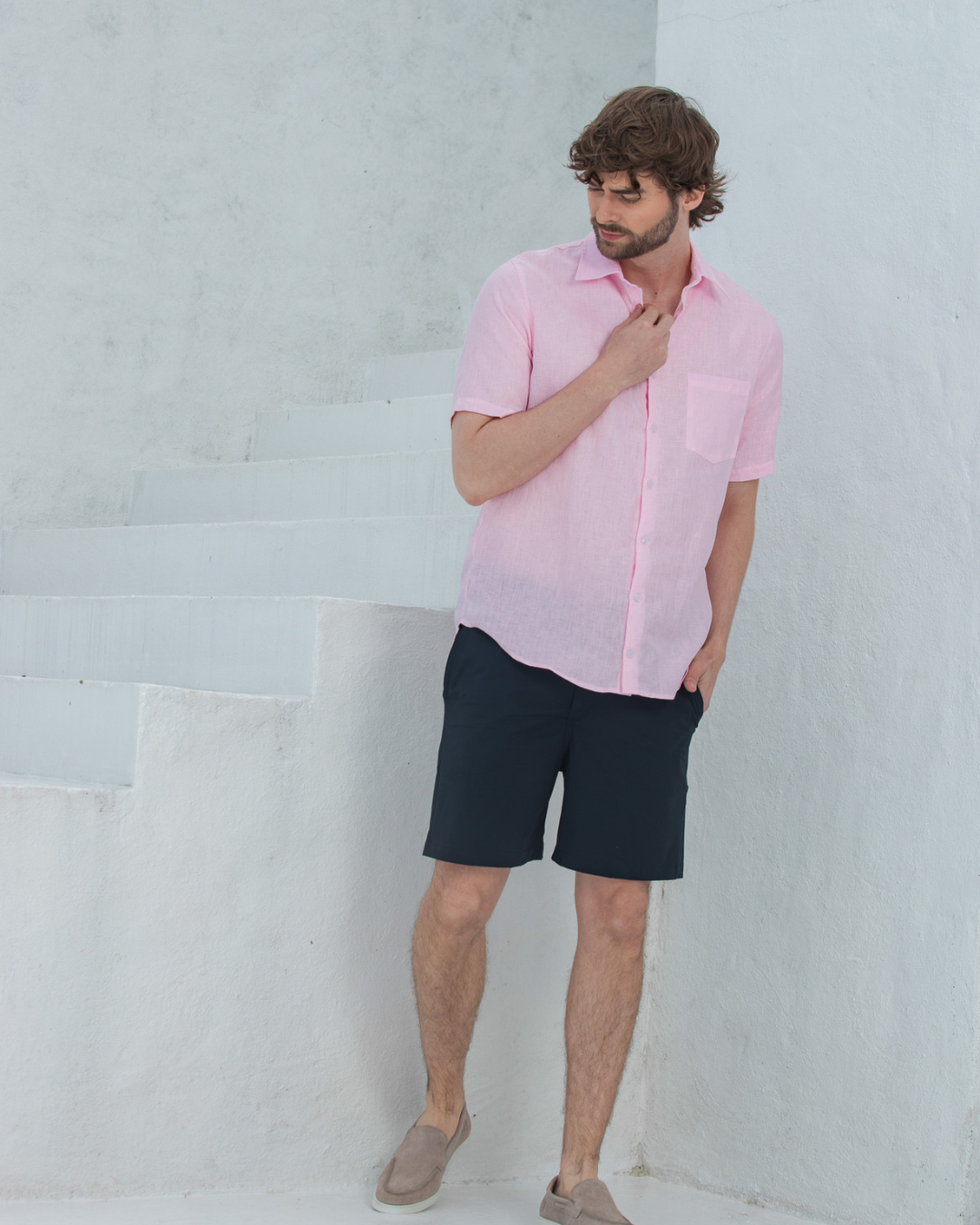 Camisa 100% Lino Premium Manga Corta Rosado